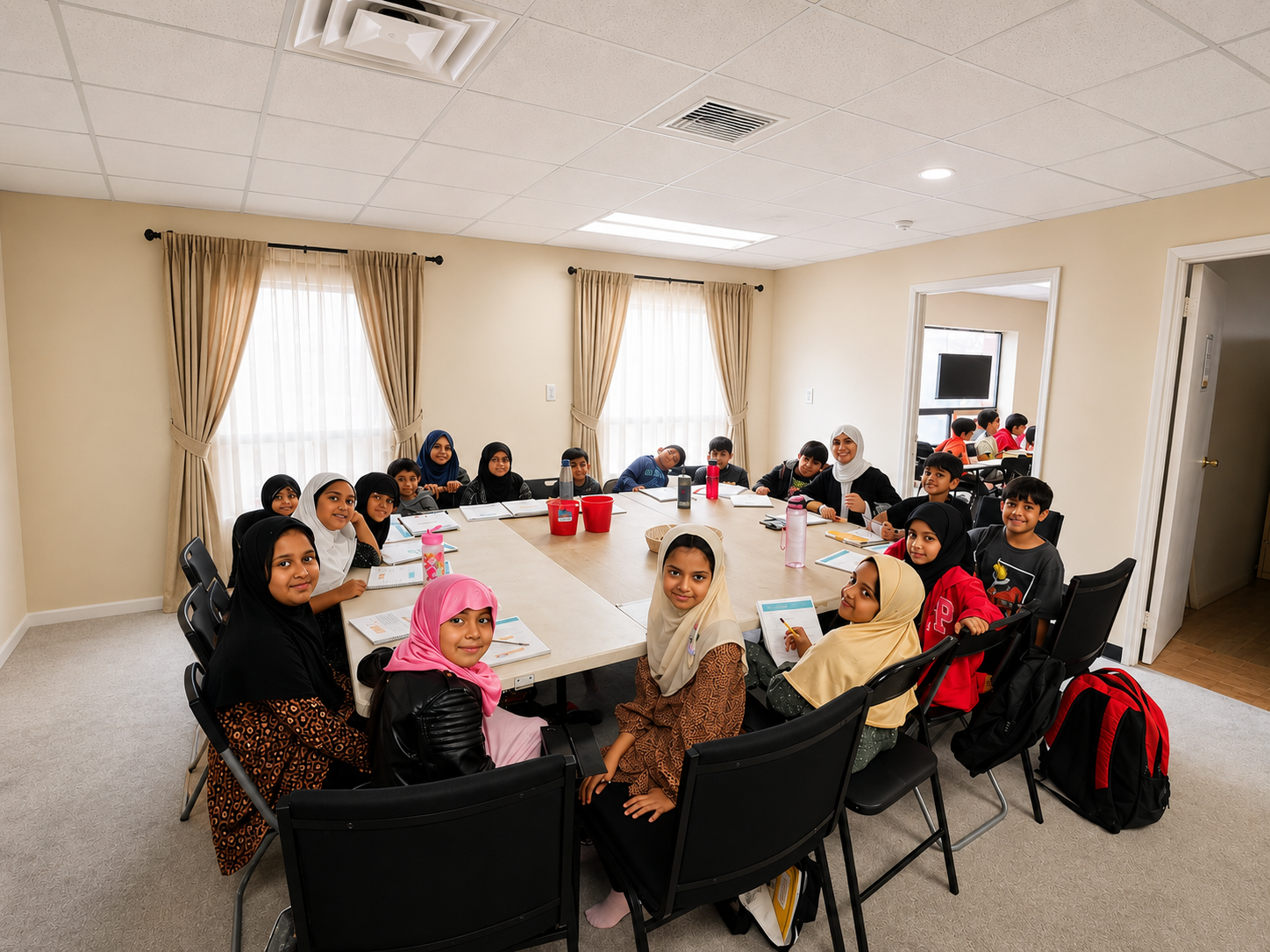 Zainabia Academy students around a classroom table